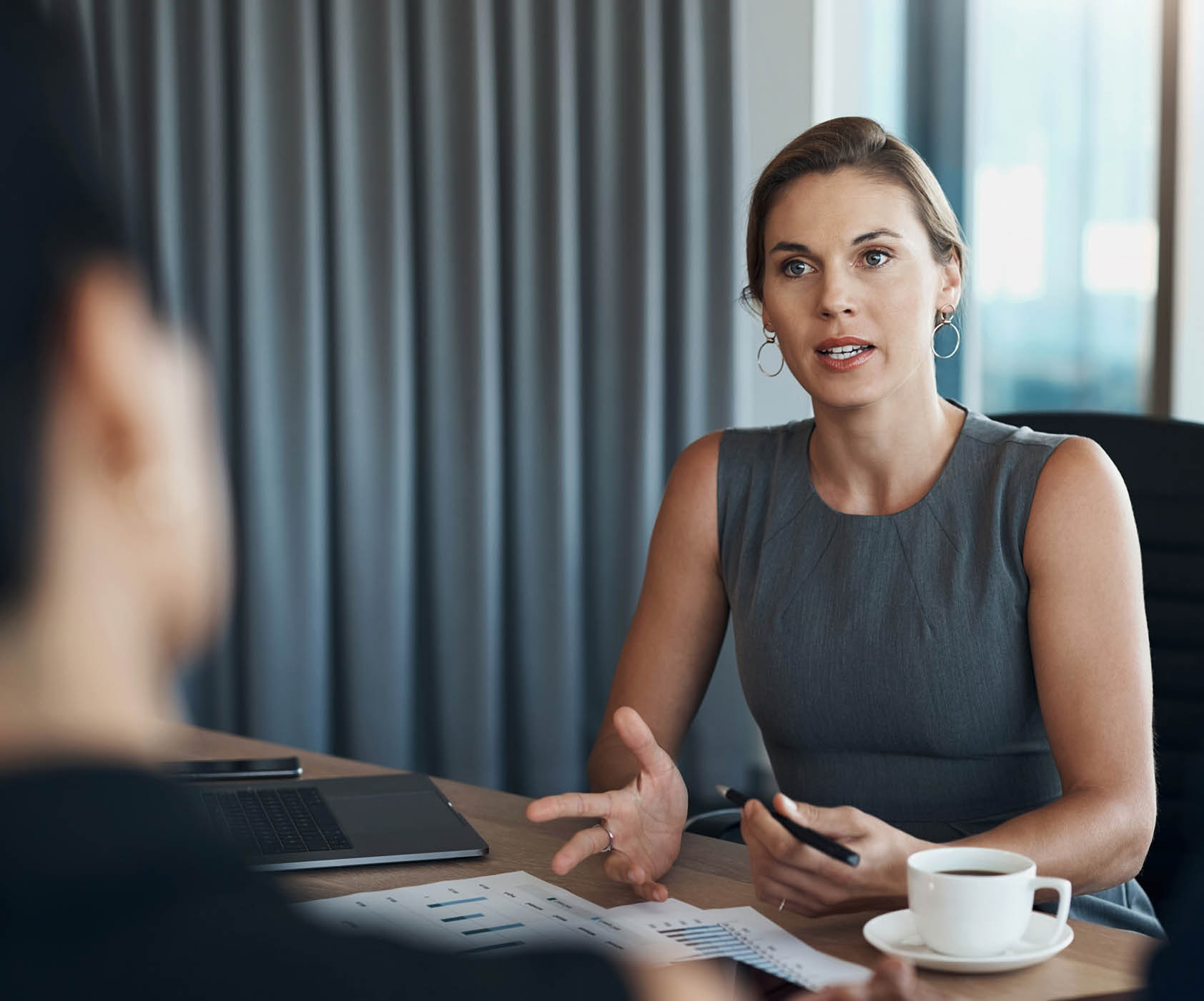 Clients meeting of corporate woman talking of business proposal, negotiation interview or professional advice. Financial advisor, investor or serious people in conference discussion or job leadership