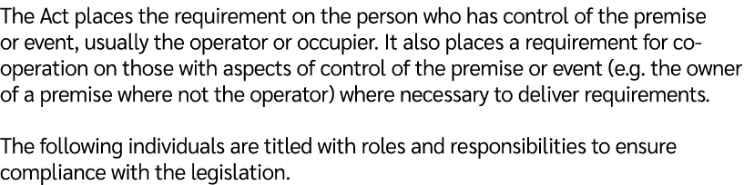 The Act places the requirement on the person who has control of the premise or event, usually the operator or occupie...