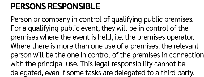 Persons responsible Person or company in control of qualifying public premises. For a qualifying public event, they w...